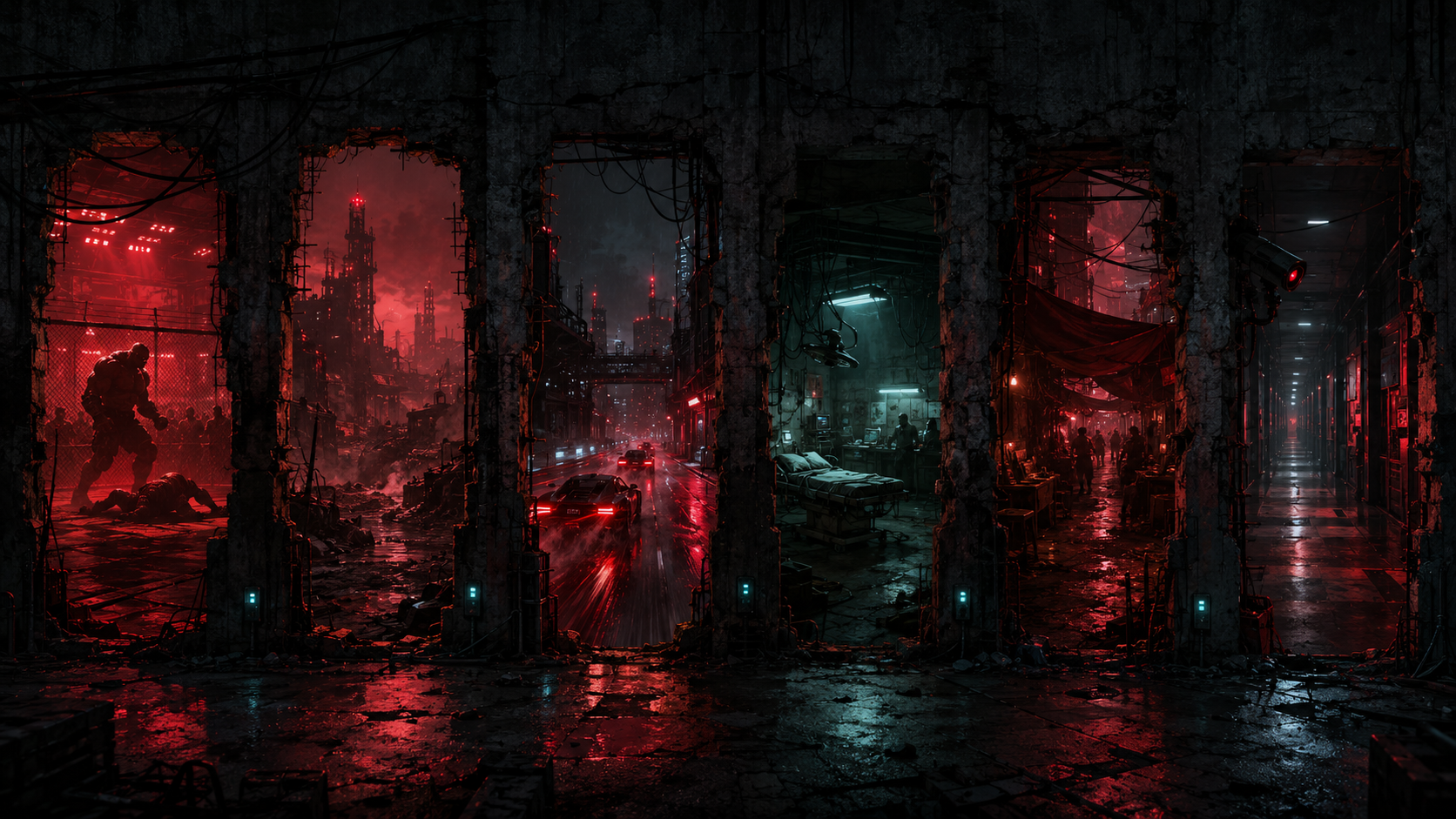 Montage des six trajectoires de Night City : cage du Red Line, ruines rouges, rue sous la pluie, cabinet clinique.